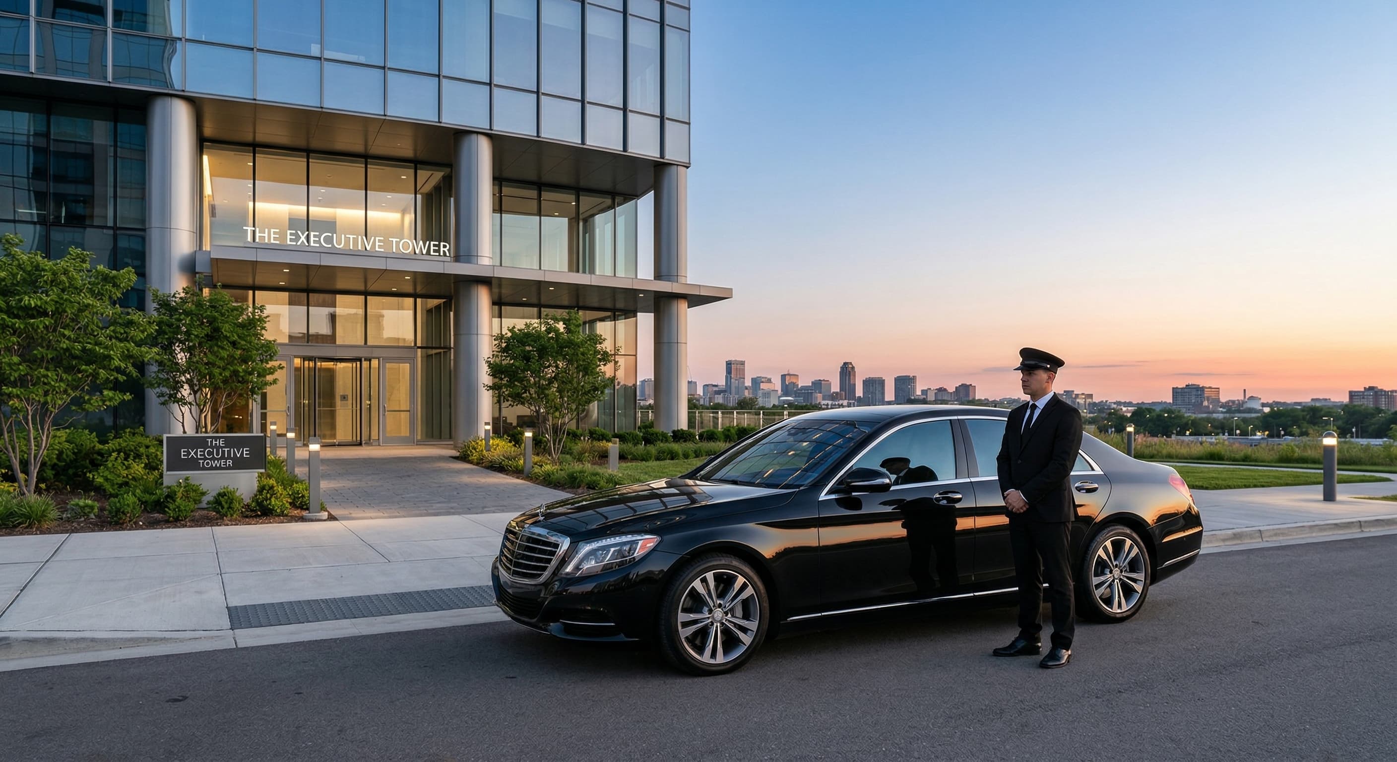 Professional BWI Limo chauffeur beside black Mercedes S-Class at sunset